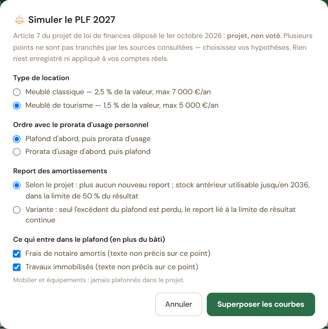 Fenêtre de choix des hypothèses du scénario PLF 2027 dans LMNPilot