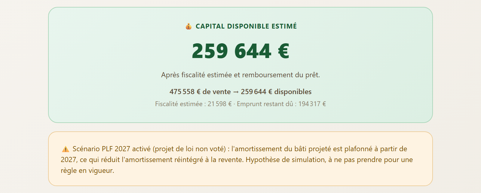 Simulateur de revente avec le scénario PLF 2027 activé : capital disponible et fiscalité estimée