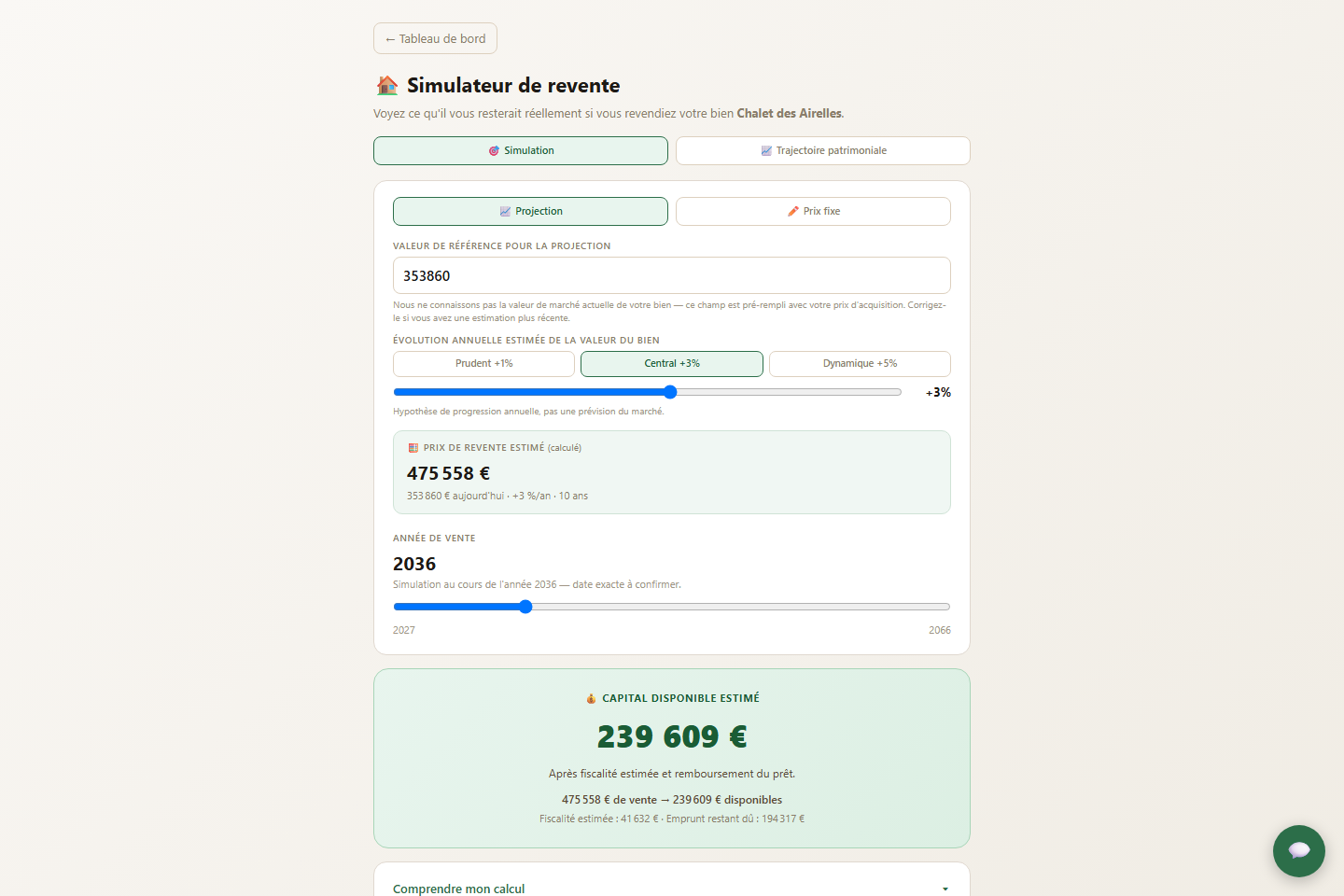 Écran Revente — capital disponible