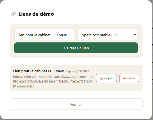 Génération d'un lien de démo pour l'expert-comptable